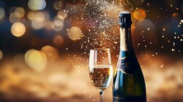 ai generatief Champagne knallen en gieten met wazig bokeh achtergrond foto