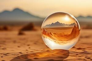 een glas bal in de midden- van de woestijn in de stralen van zonsondergang. detailopname, mooi visie. gegenereerd door kunstmatig intelligentie- foto