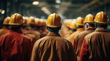 een groep van arbeiders in moeilijk hoeden staand in een fabriek. ai generatief foto