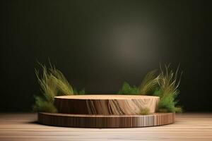 ronde hout podium met gras en planten in de achtergrond voor Product Scherm generatief door ai foto