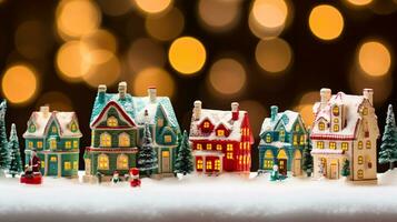 ai generatief Kerstmis peperkoek huizen en dorp dichtbij omhoog schot van versierd peperkoek koekjes foto