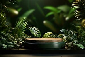podium mockup in de omgeving van met planten voor Product Scherm generatief door ai foto