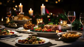 ai generatief Kerstmis avondeten tafelblad, prachtig versierd met romig bokeh Kerstmis lichten in de achtergrond foto