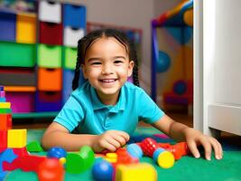 schattig weinig meisje spelen met kleurrijk plastic speelgoed- in de kamer. ai generatief foto