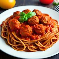 spaghetti met gehaktballen en tomaat saus in bord Aan houten tafel. ai generatief foto