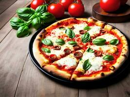 pizza met Mozzarella, tomaten en basilicum Aan houten tafel. ai generatief foto