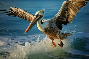 nauwkeurig bruin pelikaan duiken. genereren ai foto