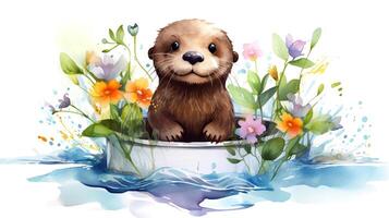 een schattig weinig Otter in waterverf stijl. generatief ai foto