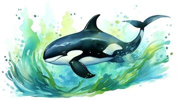 een schattig weinig moordenaar walvis in waterverf stijl. generatief ai foto