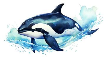 een schattig weinig moordenaar walvis in waterverf stijl. generatief ai foto