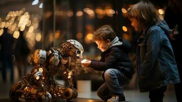 twee weinig kinderen, jongen en meisje, spelen met robot modellen in de nacht stad. stam onderwijs concept. foto