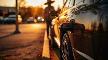 parkeren in de stad Bij zonsondergang in Texas. vrouw in hoed opladen elektro auto Bij de elektrisch gas- station. foto