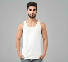 jong Mens vervelend blanco wit tank top mockup afdrukken presentatie mockup ai genereren foto