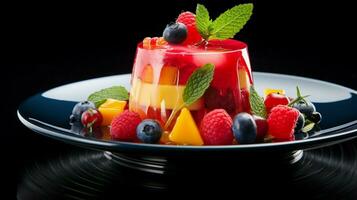 een kleurrijk fijnproever toetje met vers fruit en gearomatiseerd foto