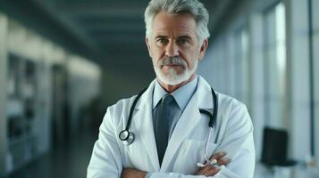 een zelfverzekerd volwassen dokter in een wit jas foto