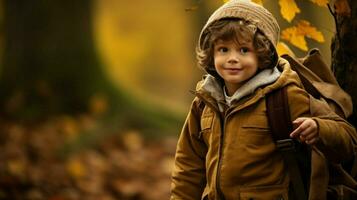 een schattig Kaukasisch jongen verkennen de Woud in herfst foto