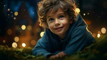 een schattig kind spelen buitenshuis op zoek Bij camera glimlachen foto