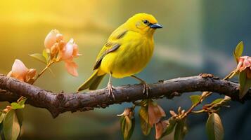 een schattig geel vogel neerstrijken Aan een Afdeling in natuur foto