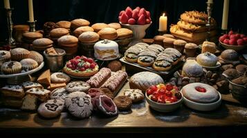 een feestelijk tafel van gebakken goederen in divers vormen en kleur foto