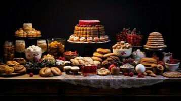 een feestelijk tafel van gebakken goederen in divers vormen en kleur foto