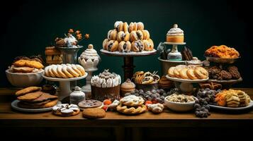 een feestelijk tafel van gebakken goederen in divers vormen en kleur foto