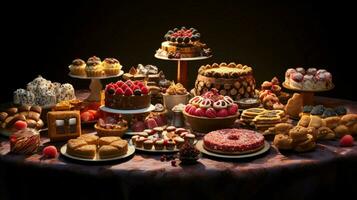 een feestelijk tafel van gebakken goederen in divers vormen en kleur foto