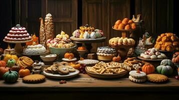 een feestelijk tafel van gebakken goederen in divers vormen en kleur foto