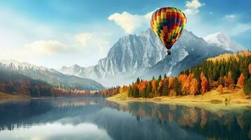 een heet lucht ballon vliegend over- een meer met bergen foto
