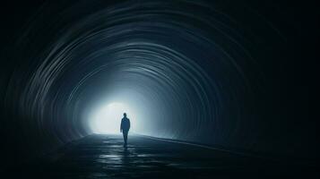 een Mens wandelingen door een tunnel met een licht Aan de plafond foto