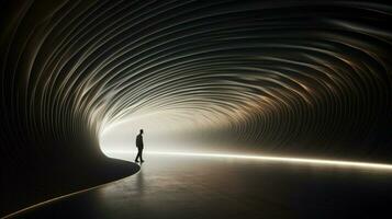 een Mens wandelingen door een tunnel met een licht Aan de plafond foto