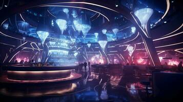 een modern nachtclub met futuristische technologie verlichting omhoog foto