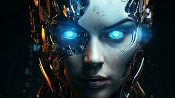 een robot met blauw ogen en een gloeiend hoofd foto