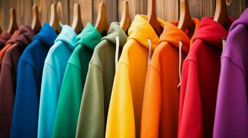 een rij van kleurrijk hoodies met verschillend kleuren foto