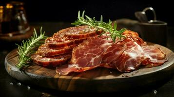 een rustiek bord van gerookt prosciutto salami en gesneden foto