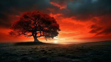 een boom in een veld- met een rood lucht en de zon achter het foto