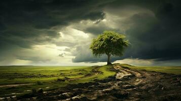 een boom in een veld- met een stormachtig lucht foto