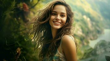 een jong vrouw glimlachen op zoek Bij camera omringd door natuur foto