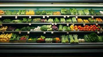overvloed van gezond voedsel keuzes in supermarkt gangpad foto