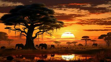 Afrika savanne Bij zonsondergang dieren grazen oude bomen foto