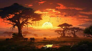 Afrika savanne Bij zonsondergang dieren grazen oude bomen foto