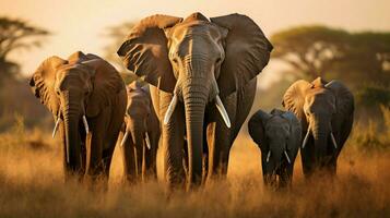 Afrikaanse olifant kudde begrazing in rustig savanne foto