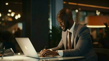 Afrikaanse Amerikaans zakenman gebruik makend van computer met deskundigheid foto