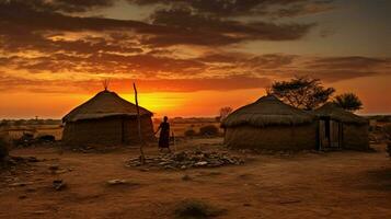 Afrikaanse zonsondergang verlicht oude architectuur in armoede foto