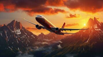 vliegtuig vliegend over- berg reeks Bij zonsondergang foto