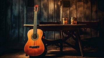 antiek akoestisch gitaar Aan houten tafel spelen klassiek foto