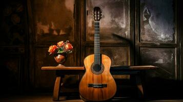 antiek akoestisch gitaar Aan houten tafel spelen klassiek foto
