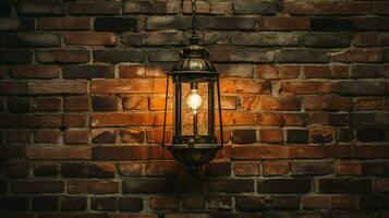 antiek lantaarn verlicht rustiek steen muur foto