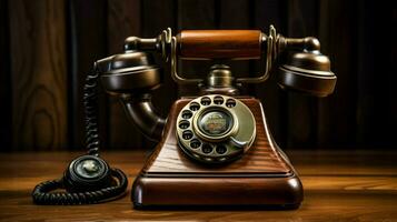 antiek roterend telefoon Aan hout tafel nostalgie decor foto