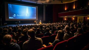 publiek in auditorium aan het kijken presentatie Aan stadium foto