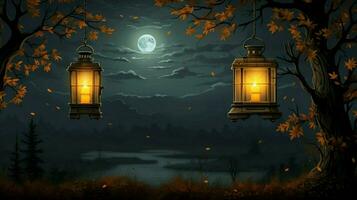 herfst nacht met lantaarn hangende tafereel foto